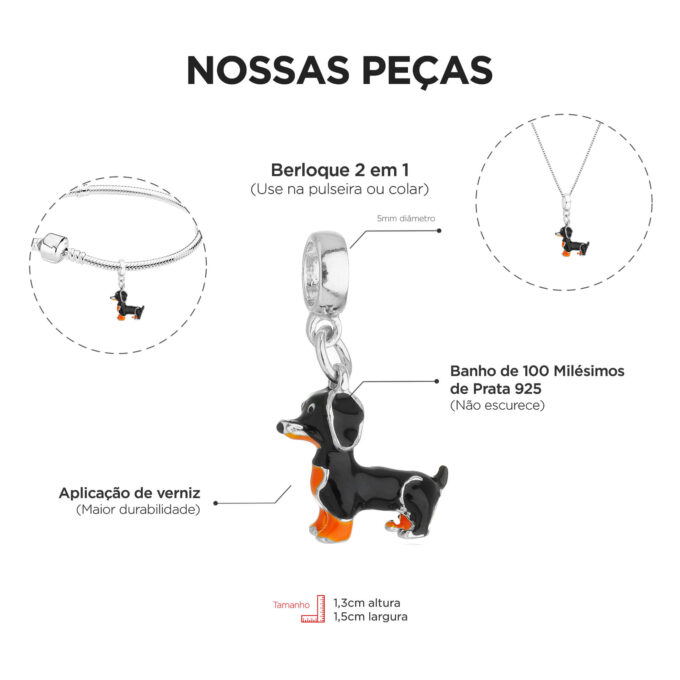 Berloque Cachorro Salsicha Dachshund Banhado a Prata 925