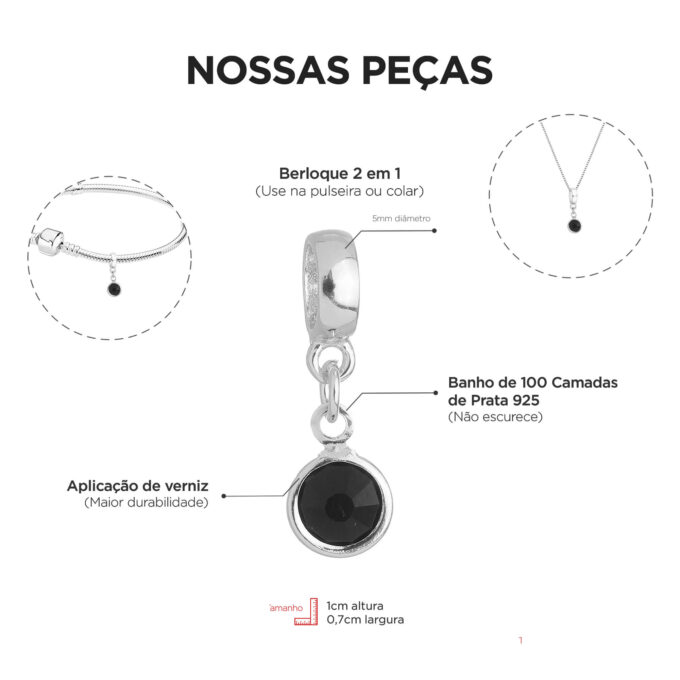 Berloque Cristal Preto Banhado a Prata 925