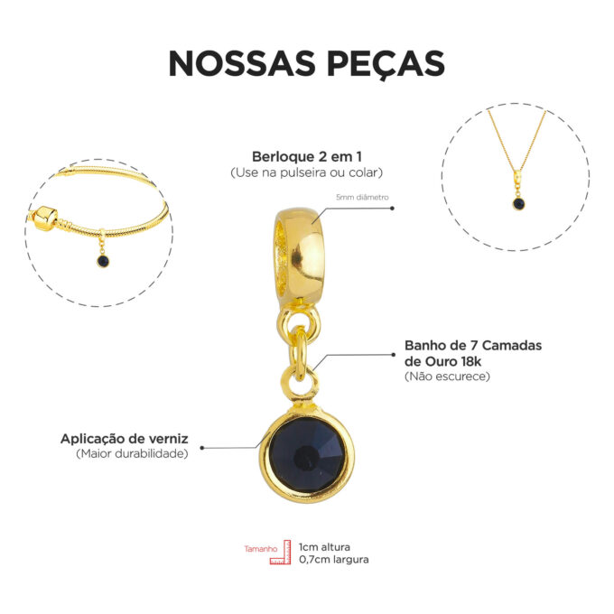 Berloque Cristal Preto Banhado a Prata 925