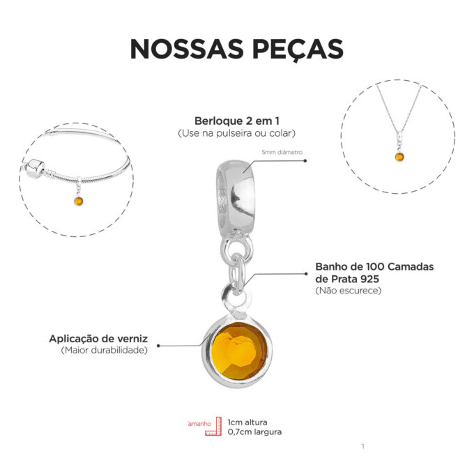 Berloque Cristal Marrom Banhado a Prata 925