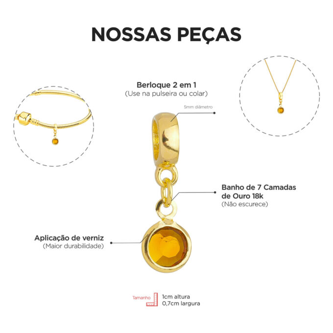 Berloque Cristal Marrom Banhado a Ouro 18k