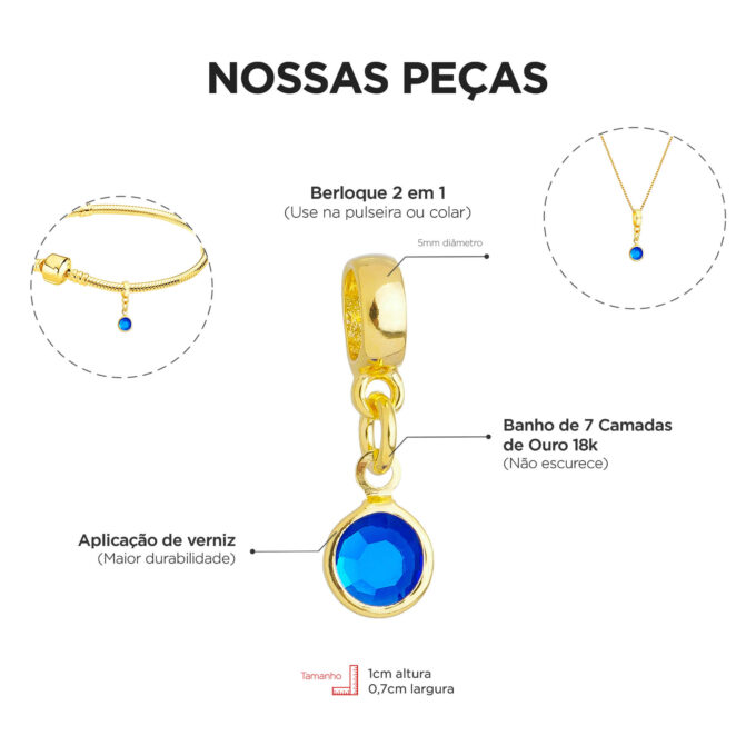 Berloque Cristal Azul Banhado a Ouro 18k
