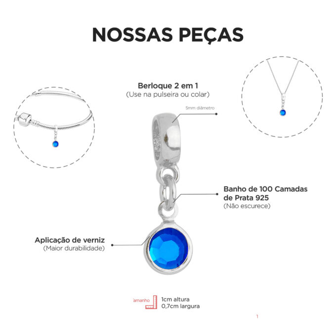 Berloque Cristal Azul Banhado a Ouro 18k