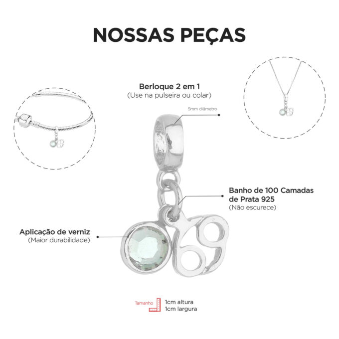 Berloque Signo Câncer com Strass Banhado a Prata 925