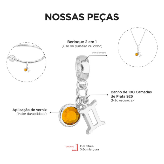 Berloque Signo Gêmeos com Strass Banhado a Prata 925