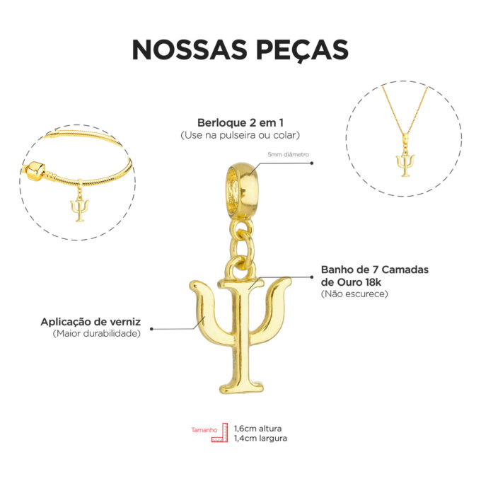 Pulseira Feminina Profissão Psicologia Banhado a Ouro 18k