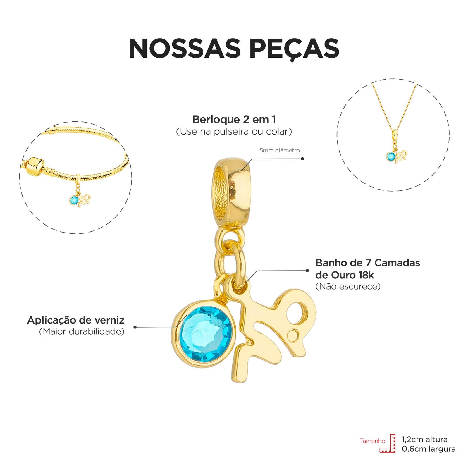 Berloque Signo Capricórnio com Strass Banhado a Ouro 18k