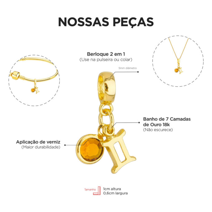 Berloque Signo Gêmeos com Strass Banhado a Ouro 18k