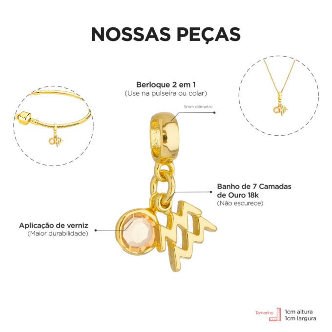 Berloque Signo Aquário com Strass Banhado a Ouro 18k