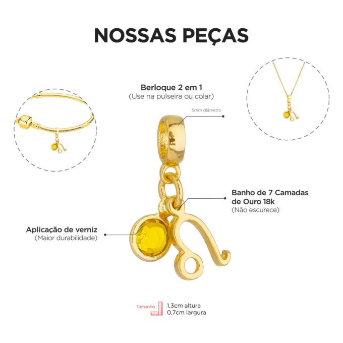 Berloque Signo Leão com Strass Banhado a Ouro 18k