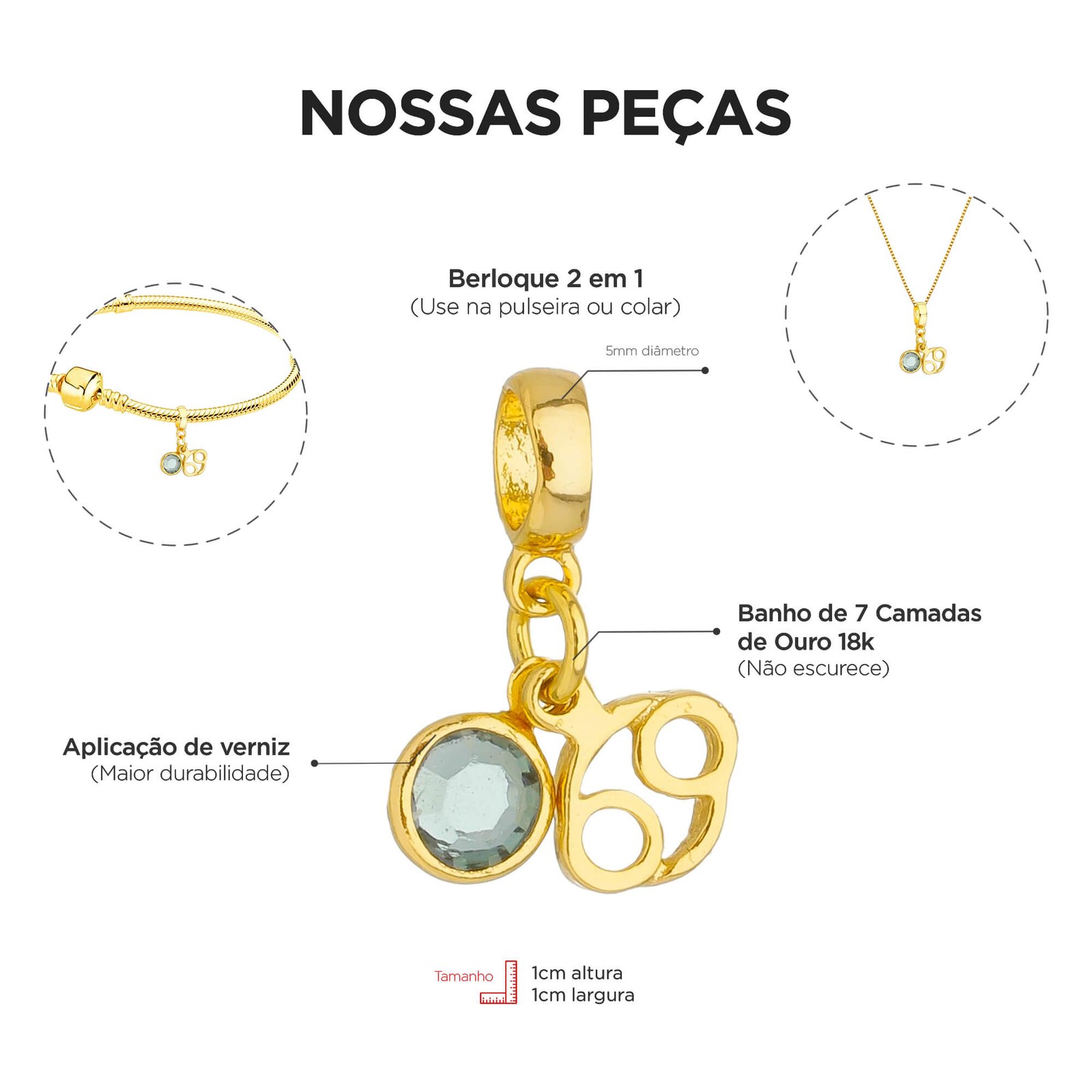 Berloque Signo Câncer com Strass Banhado a Ouro 18k