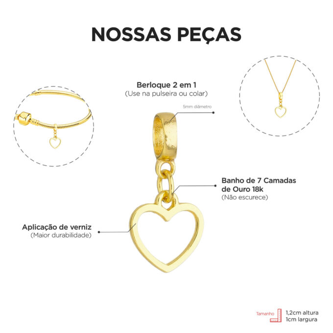Berloque Coração Vazado Banhado a Ouro 18k