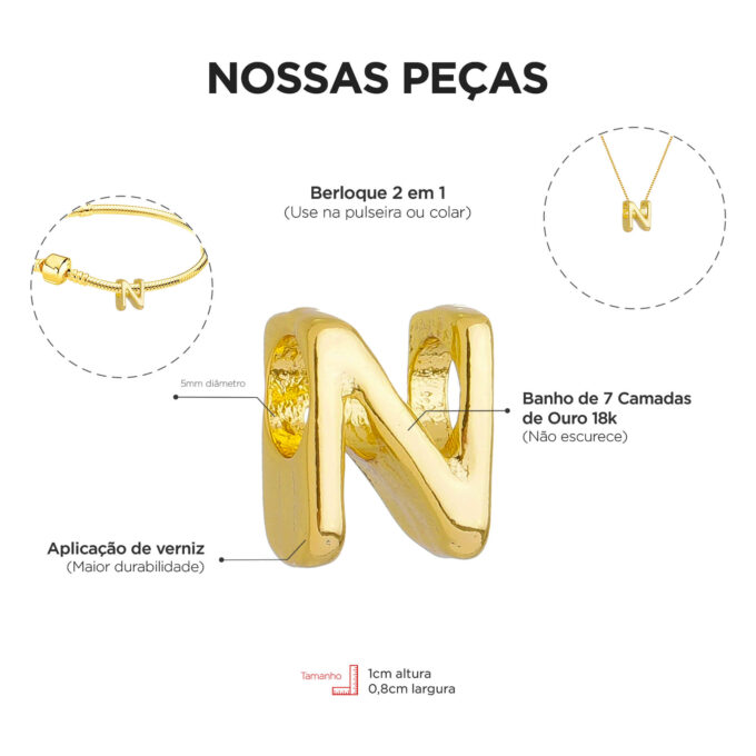 Berloque Letra N Separador Banhado a Ouro 18k