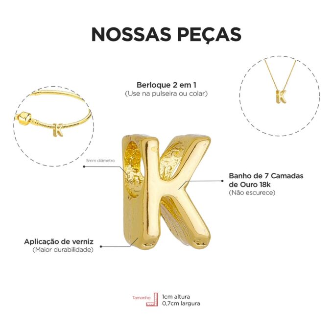Berloque Letra K Separador Banhado a Ouro 18k