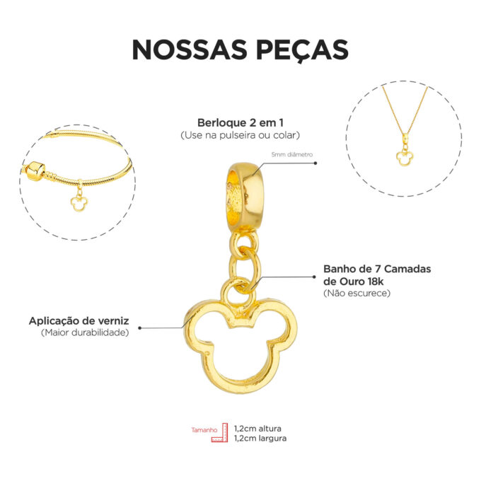 Pulseira Mickey e Minnie Berloque Banhado a Ouro 18k