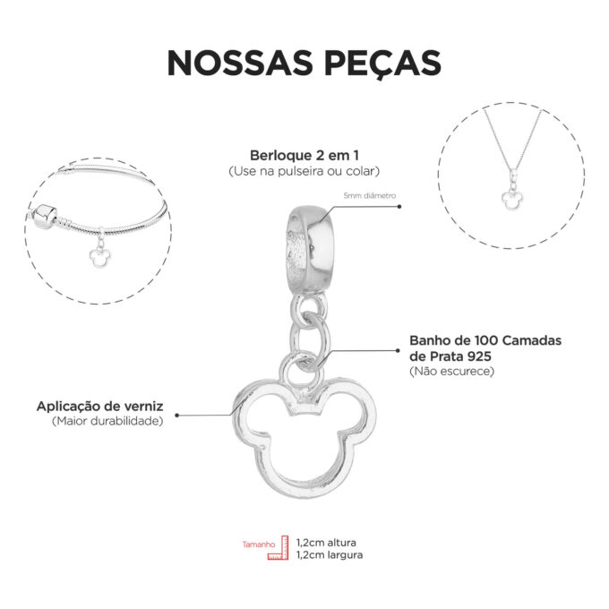 Pulseira Mickey e Minnie Berloque Banhado a Ouro 18k