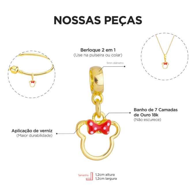 Pulseira Mickey e Minnie Berloque Banhado a Ouro 18k