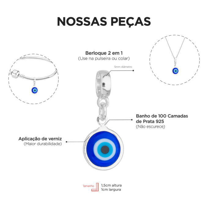 Pulseira Olho Grego Berloque Banhado a Prata 925