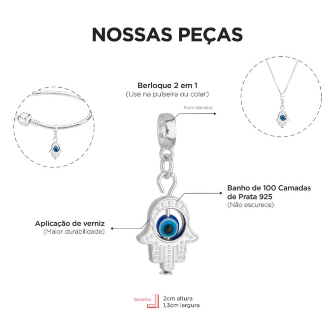 Pulseira Mão Hamsá Olho Grego Berloque Banhado a Prata 925