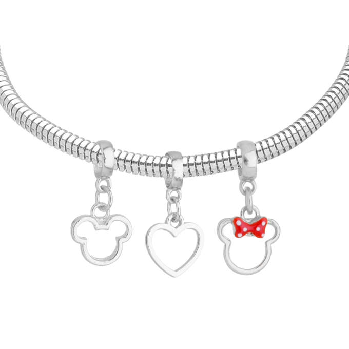 Pulseira Mickey e Minnie Berloque Banhado a Prata 925