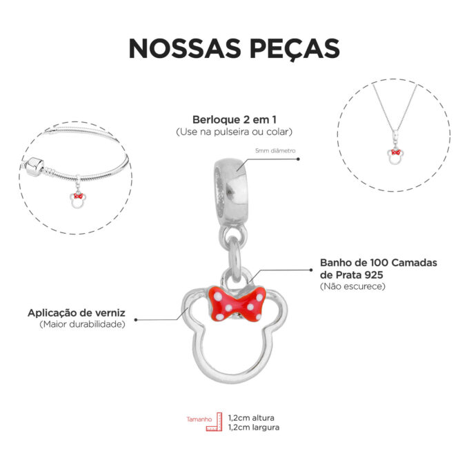 Pulseira Mickey e Minnie Berloque Banhado a Prata 925