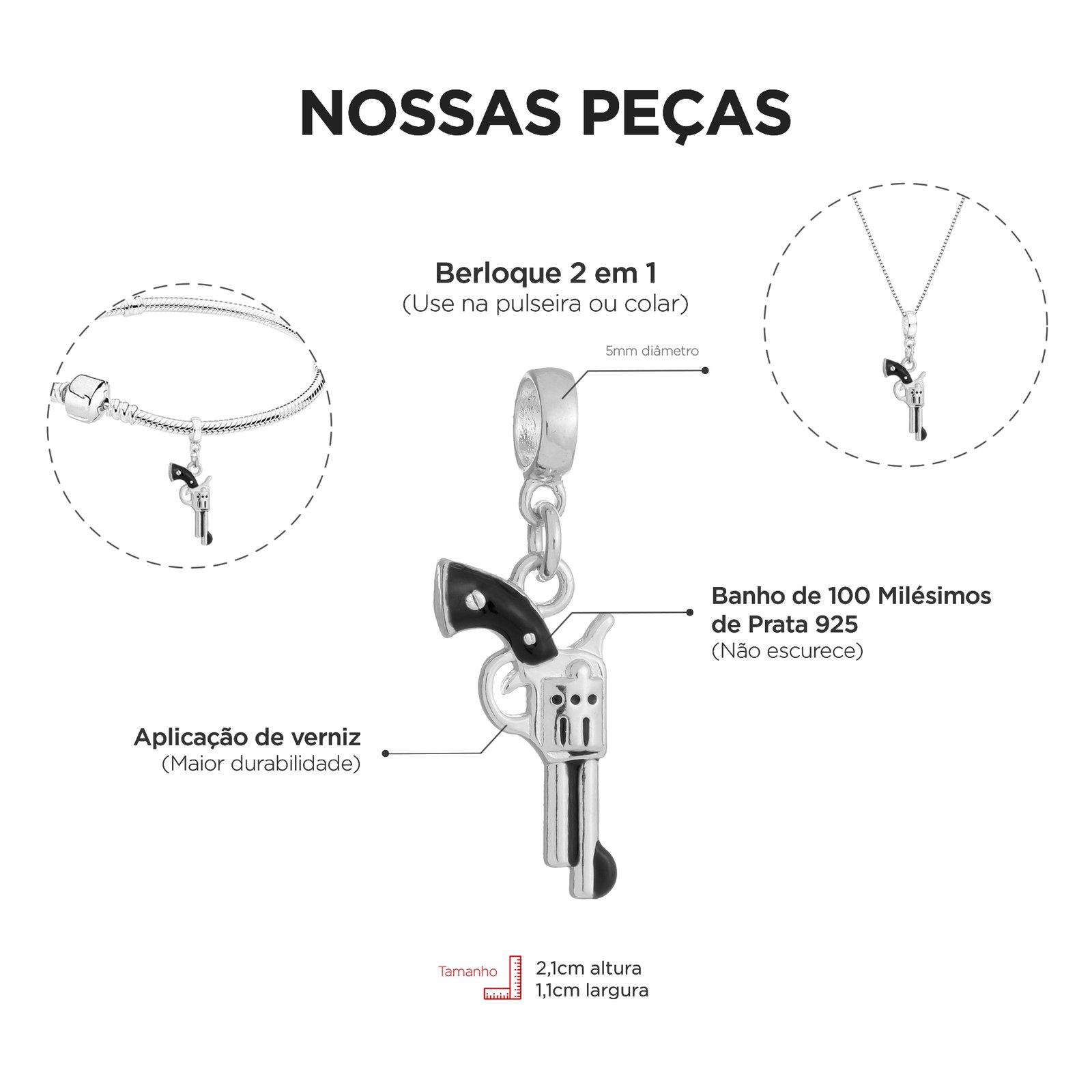 Berloque Revolver Banhado a Prata 925