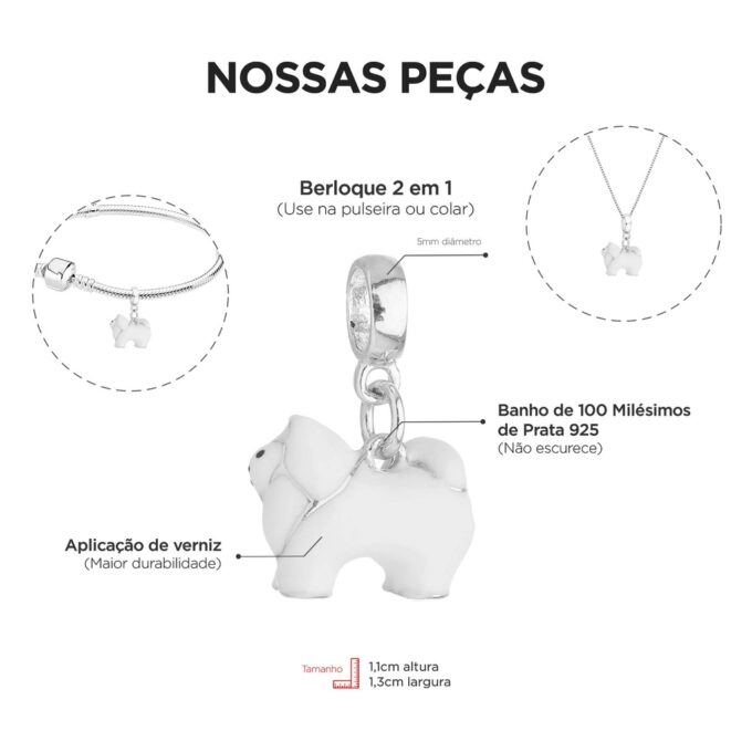 Pingente Berloque Cachorro Spitz Alemão Banhado a Prata 925