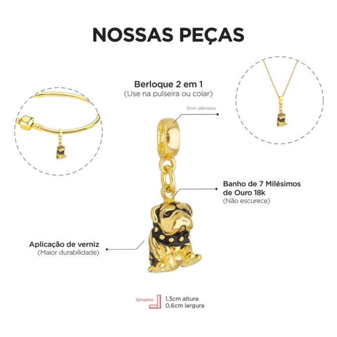 Berloque Cachorro Buldogue Banhado a Ouro 18k