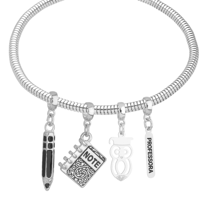 Pulseira Feminina Profissão Professora Banhado a Prata 925