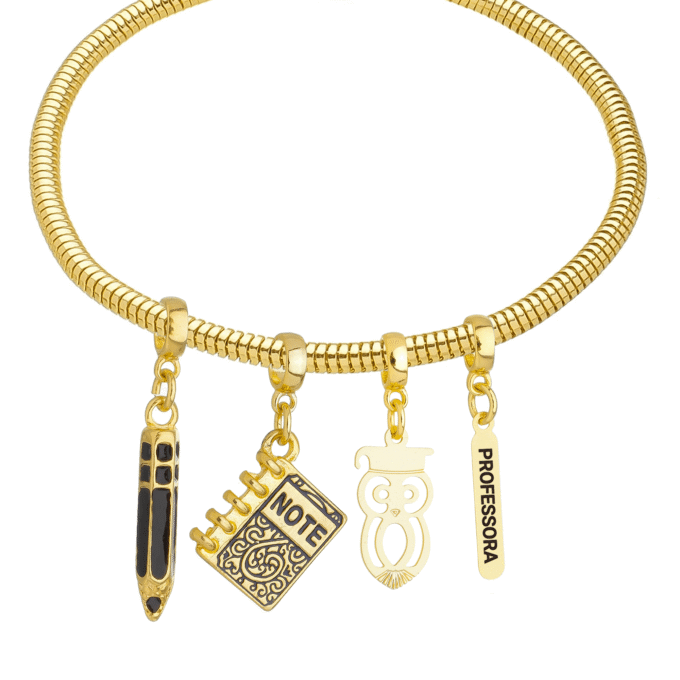 Pulseira Feminina Profissão Professora Banhado a Ouro 18k
