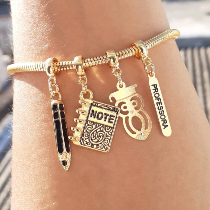Pulseira Feminina Profissão Professora Banhado a Ouro 18k