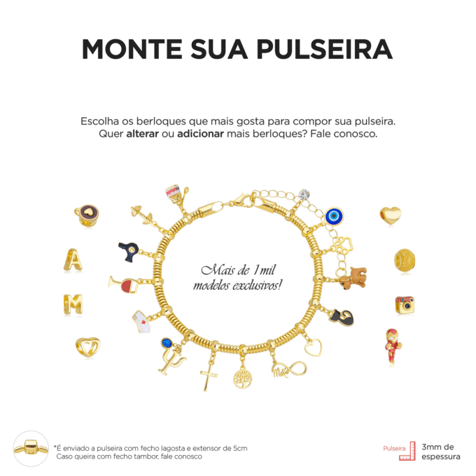 Pulseira Feminina Profissão Professora Banhado a Ouro 18k