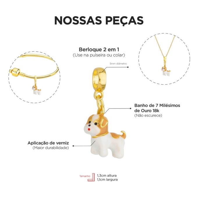 Berloque Cachorro Shih Tzu Bege Banhado a Ouro 18k