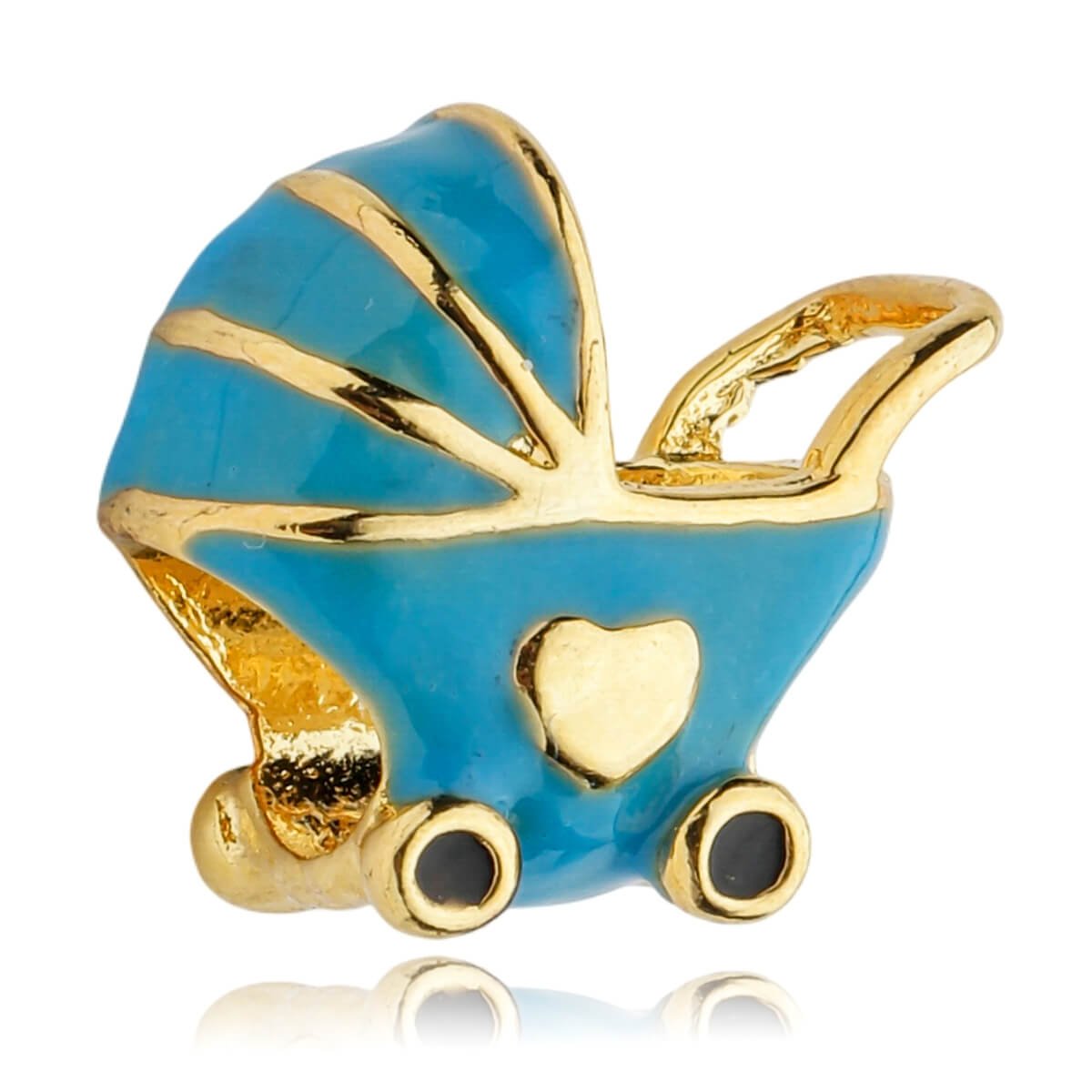 Berloque Carrinho de Bebê Azul Separador Banhado a Ouro 18k