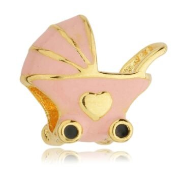 Berloque Carrinho de Bebê Rosa Separador Banhado a Ouro 18k