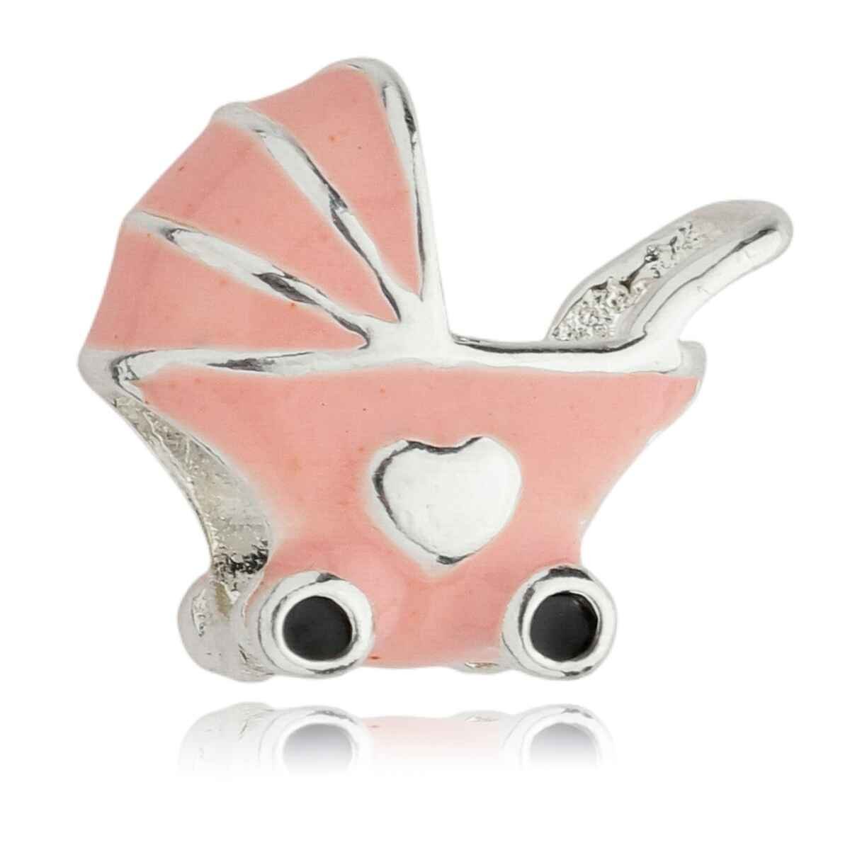 Berloque Carrinho de Bebê Rosa Separador Banhado a Prata 925