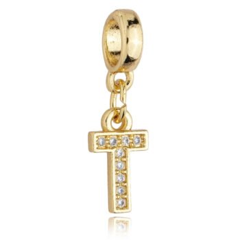 Berloque Letra T Cravejada Zircônia Banhado a Ouro 18k
